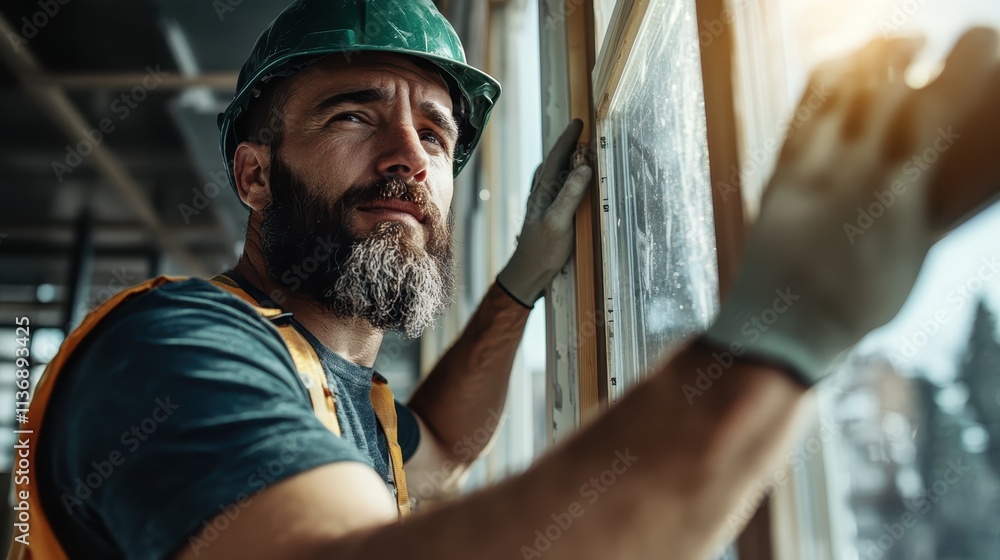 A construction worker wearing a green helmet and gloves carefully inspects a window at a construction site, showcasing precision and attention to detail. A construction worker wearing a green helmet and gloves carefully inspects a window at a construction site, showcasing precision and attention to detail.