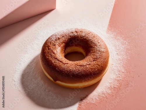 Flat Lay of a Delicious Cinnamon Sugar Donut on a Soft Pink Background photo