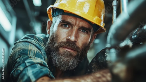 A bearded man in a yellow helmet intently works on fixing a large industrial pipe, showcasing a scene of focus and technical skill in a mechanical environment. photo