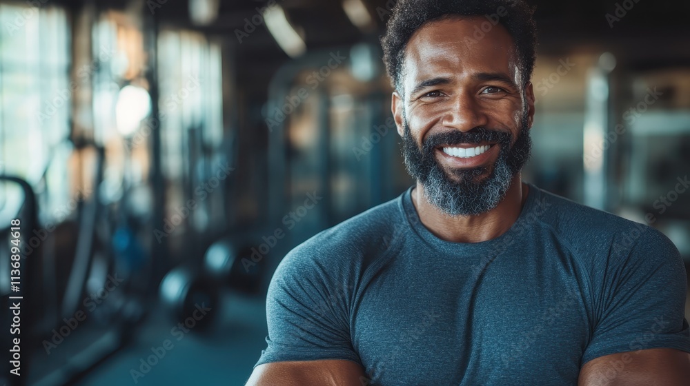 In a lively gym setting, a bearded man wearing athletic attire smiles broadly with arms crossed, projecting a positive image full of vigor and confidence. In a lively gym setting, a bearded man wearing athletic attire smiles broadly with arms crossed, projecting a positive image full of vigor and confidence.