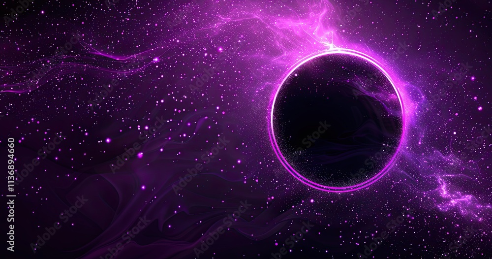 Fototapeta premium A cosmic scene featuring a dark circle surrounded by vibrant purple and starry elements.