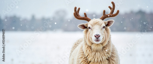 Sheep in reindeer costume in snowy field, holiday whimsy