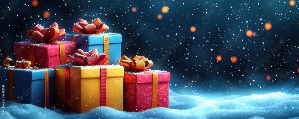 Colorful gift boxes in snowy setting with festive atmosphere and falling snowflakes Colorful gift boxes in snowy setting with festive atmosphere and falling snowflakes