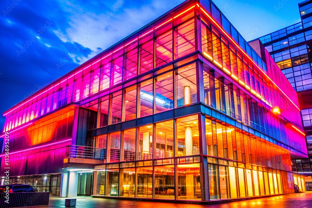 Fototapeta premium A modern building illuminated in vibrant colors, showcasing a blend of glass architecture and nighttime ambiance against a dramatic sky.