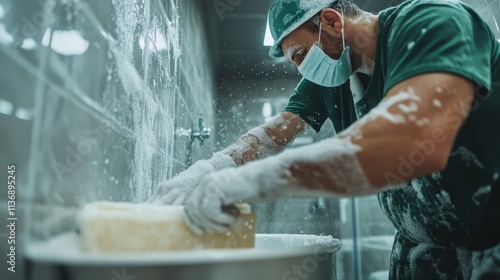 A cheese maker in a green outfit and a face mask, rigorously cleaning and preparing cheese in a dairy facility, symbolizing dedication, hygiene, and craftsmanship. photo