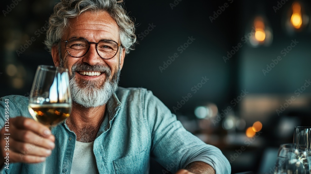 An elderly gentleman with a joyful expression toasts with a glass of white wine, capturing the essence of celebration and enjoyment in a cozy restaurant setting. An elderly gentleman with a joyful expression toasts with a glass of white wine, capturing the essence of celebration and enjoyment in a cozy restaurant setting.