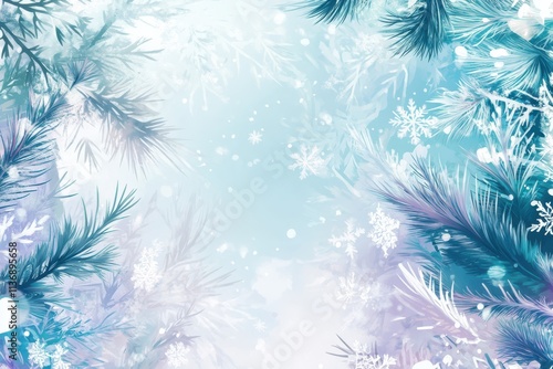 Winter Scene with Snowflakes and Pine Branches.