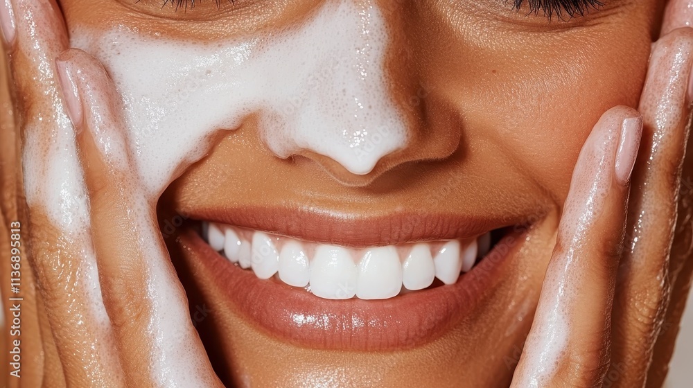 Fototapeta premium A smiling woman rinses her face with a foamy cleanser, showing clean, radiant skin and a joyful expression in a close-up photograph focusing on beauty routine.