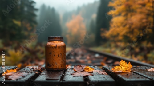 A weathered canister rests on railroad tracks edged with vibrant autumn leaves, exuding themes of history, nostalgia, decay, and the passage of time in nature. photo