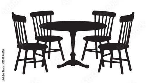 Silhouette of a dining table with chairs around it.