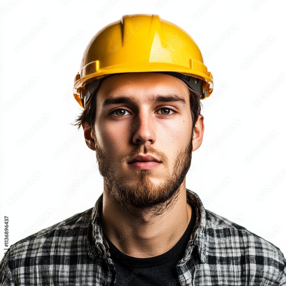 Young professional wearing a yellow helmet, representing construction, engineering, and safety in industrial and architectural fields. Young professional wearing a yellow helmet, representing construction, engineering, and safety in industrial and architectural fields.