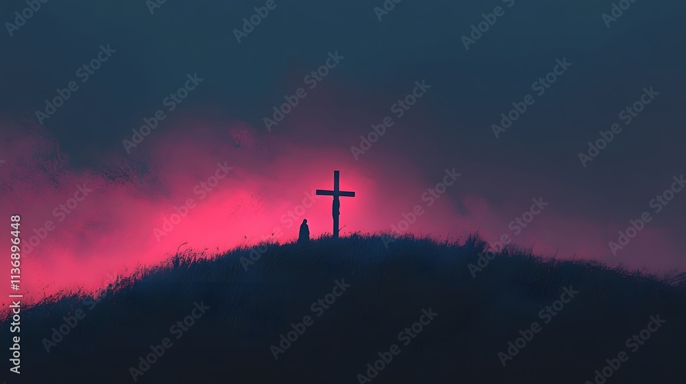 Obraz premium Solitary Figure Praying Before Sunset Cross