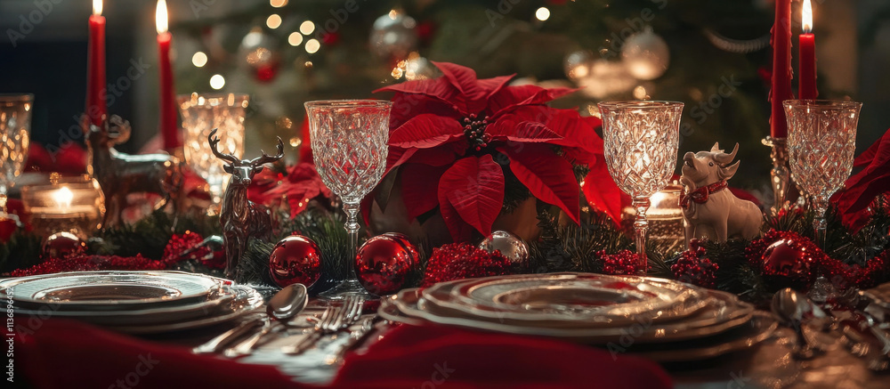 Mesa decorada de gala para comida de celebración navideña, con copas de cristal, velas rojas, platos con decoración artística y servilletas rojas, sobre fondo desenfocado Mesa decorada de gala para comida de celebración navideña, con copas de cristal, velas rojas, platos con decoración artística y servilletas rojas, sobre fondo desenfocado