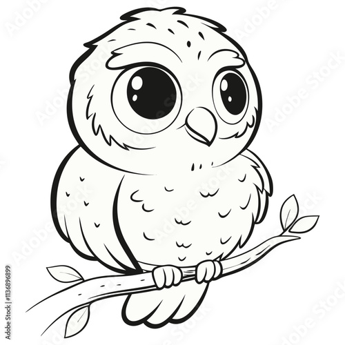 Cute cartoon owl illustration in black and white, perfect for children’s coloring book