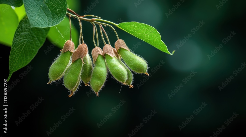 Obraz premium A cluster of young, delicately coated buds, gracefully hanging, showcases the innocence and potential of nature amidst a tranquil green setting.