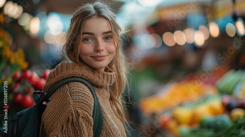 Wallpaper Mural A young woman smiles in a vibrant market filled with fresh produce and flowers. Torontodigital.ca
