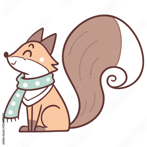 Smiling cartoon fox in teal scarf, whimsical illustration, perfect for winter themes