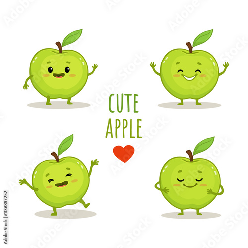 set of cute cartoon apple characters with emotions isolated on white background. Green apple in different poses. Funny fruit. Vector illustration.