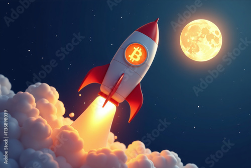 rocket shaped like bitcoin sign heading moon part growing cryptocurrency market photo