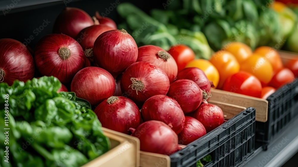An appealing array of red onions, spinach, and tomatoes displayed in a grocery store, showcasing the variety and freshness of the produce available. An appealing array of red onions, spinach, and tomatoes displayed in a grocery store, showcasing the variety and freshness of the produce available.