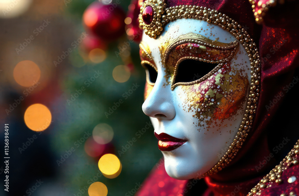Beautiful carnival mask silver with gold is left on blurred festive background Beautiful carnival mask silver with gold is left on blurred festive background