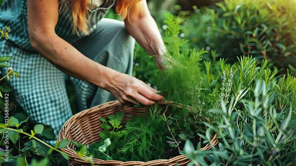 A woman collects medicinal herbs in the garden. Selective focus. Nature. A woman collects medicinal herbs in the garden. Selective focus. Nature.