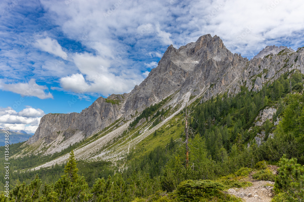 Obraz premium Dolomites sunny weather in summer mountains. Green valley and beautiful mountain rocky peaks in the Alps. Alpine scenic landscape in South Tyrol region in Italy