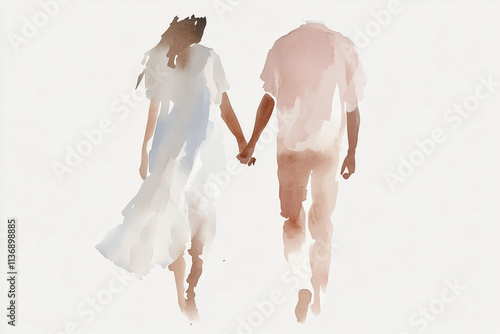 Couple walking hand in hand on a serene day amidst a soft watercolor backdrop. Generative AI photo