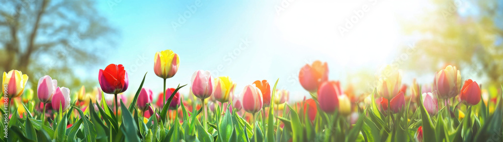 Panoramic landscape of blooming tulips field illuminated in spring by the sun
Panoramic landscape of blooming tulips field illuminated in spring by the sun