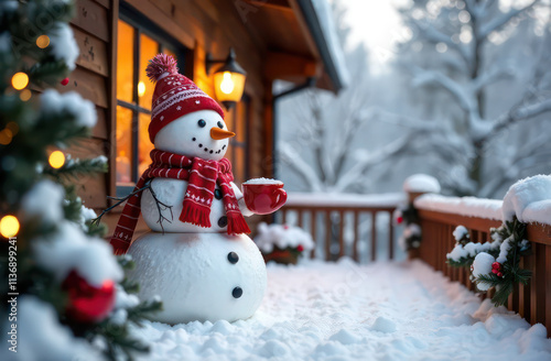 A snowman stay on the terrace of a house, dressed in winter and holding a red coffee cup in his hand, surrounded by white snow, creates a warm festive atmosphere, with Christmas decorations photo