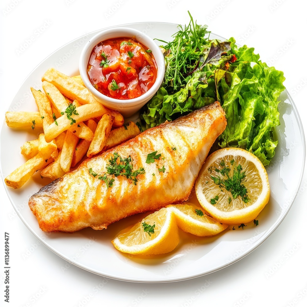 Tasty fish and chips isolated on white background, ideal for food advertising, culinary arts, and restaurant menu design. Tasty fish and chips isolated on white background, ideal for food advertising, culinary arts, and restaurant menu design.