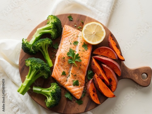 Grilled salmon with broccoli and sweet potatoes on wooden board photo