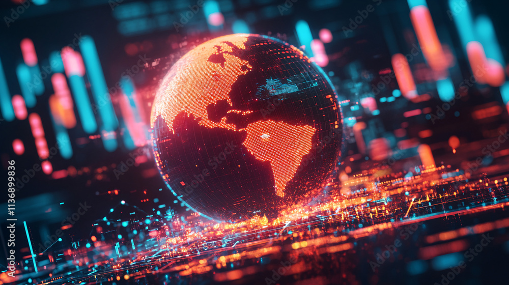 Fototapeta premium A glowing globe icon with sustainability data surrounding it, symbolizing online eco-friendly platforms, green tech solutions, and environmental analytics.