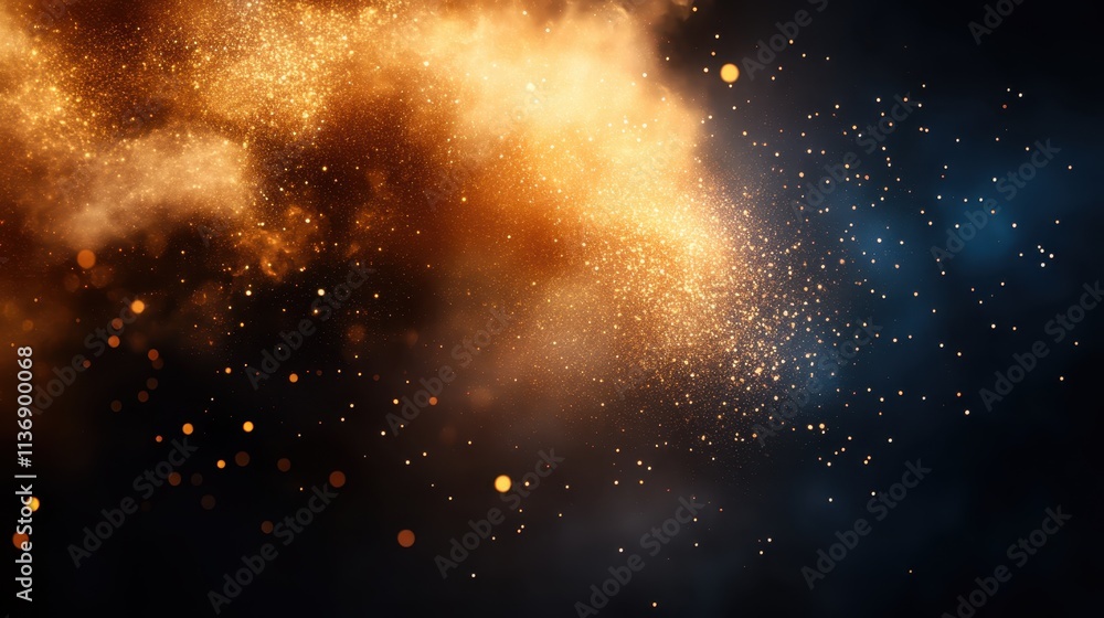 Obraz premium A mesmerizing cloud of golden particles creates a glowing effect against a dark sky, capturing an ethereal and magical essence of dreams and imagination.