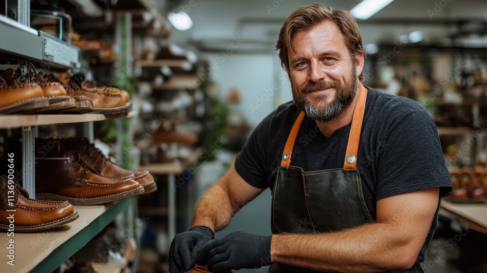 A skilled craftsman with a friendly demeanor is seen in a shoe workshop, complete with leather items and tools, capturing the essence of craftsmanship and dedication. A skilled craftsman with a friendly demeanor is seen in a shoe workshop, complete with leather items and tools, capturing the essence of craftsmanship and dedication.