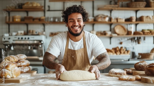 A cheerful baker stands in his bakery surrounded by baked goods, kneading dough with enthusiasm, symbolizing passion and the art of baking. photo