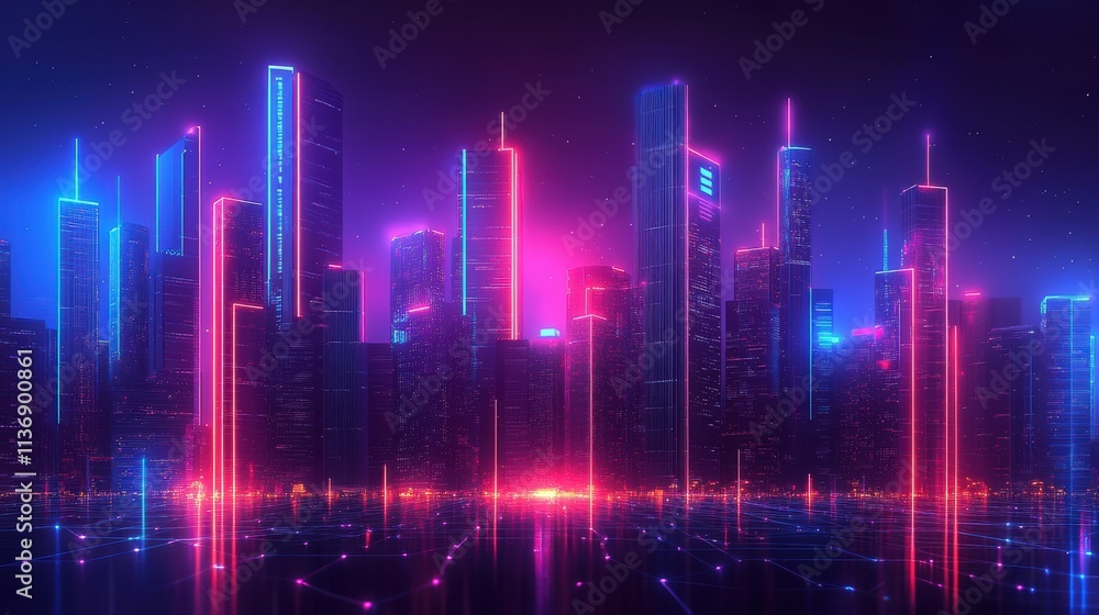 Naklejka premium Smart city g connectivity diagram with neon lights and skyscrapers