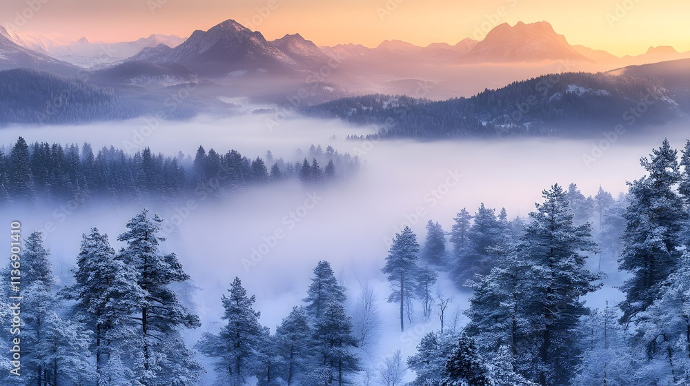 10 Landscape of snowy mountains covered in fog and mist Pine forest in the fog 10 Landscape of snowy mountains covered in fog and mist Pine forest in the fog