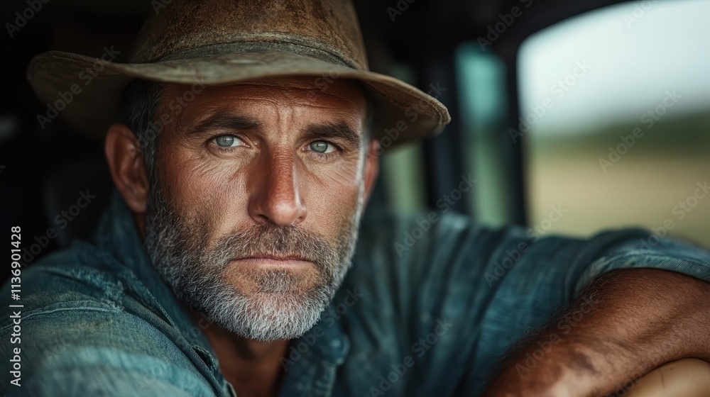 A rugged man wearing a wide-brimmed hat stares intently at the camera, exuding confidence and mystery, while outside in a natural setting, creating a strong presence. A rugged man wearing a wide-brimmed hat stares intently at the camera, exuding confidence and mystery, while outside in a natural setting, creating a strong presence.