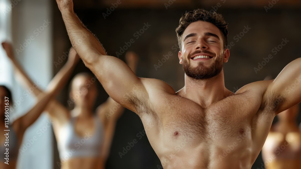 Fototapeta premium A man stands with his arms open during a workout, reveling in relaxation and contentment, surrounded by others in a background blur, emphasizing serene group exercise.