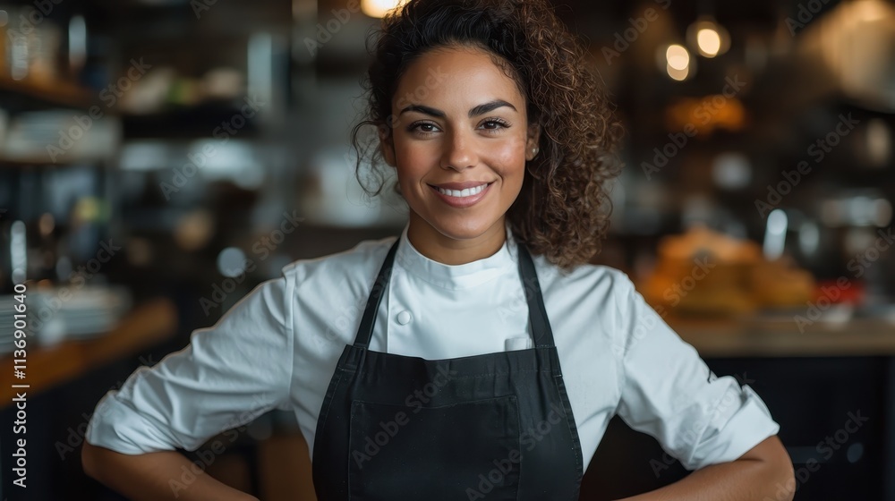 A female chef in a white coat and black apron stands confidently, with a warm smile, in a modern kitchen setting filled with professional cooking ambiance. A female chef in a white coat and black apron stands confidently, with a warm smile, in a modern kitchen setting filled with professional cooking ambiance.