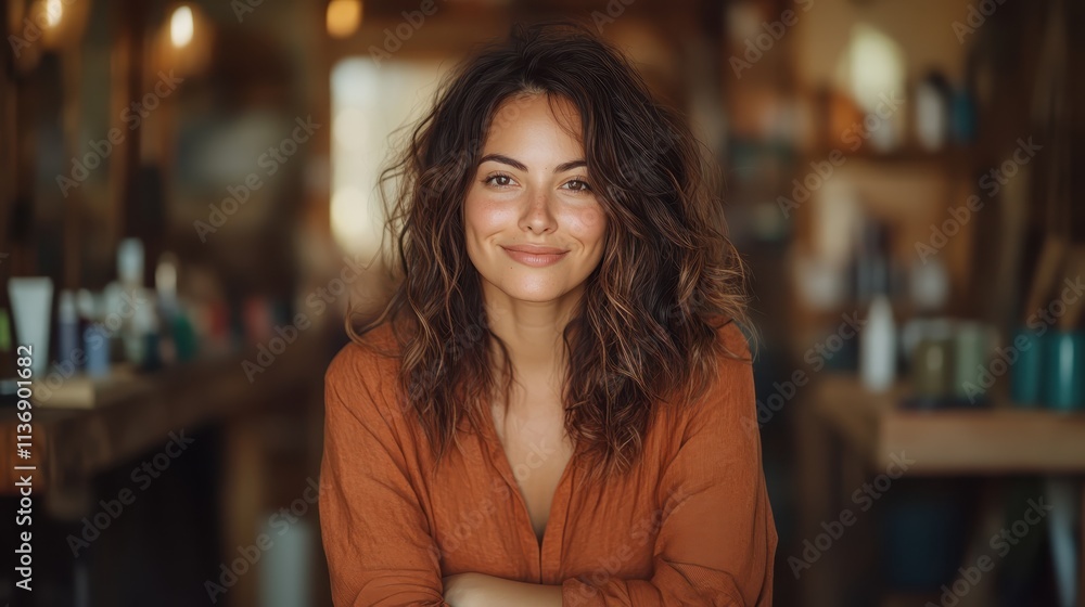 A smiling woman with curly hair in a cozy, warmly lit environment, dressed in an orange shirt, surrounded by blurred objects, exuding warmth and friendliness. A smiling woman with curly hair in a cozy, warmly lit environment, dressed in an orange shirt, surrounded by blurred objects, exuding warmth and friendliness.