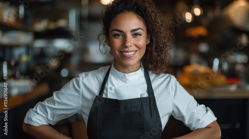 A female chef in a white coat and black apron stands confidently, with a warm smile, in a modern kitchen setting filled with professional cooking ambiance.