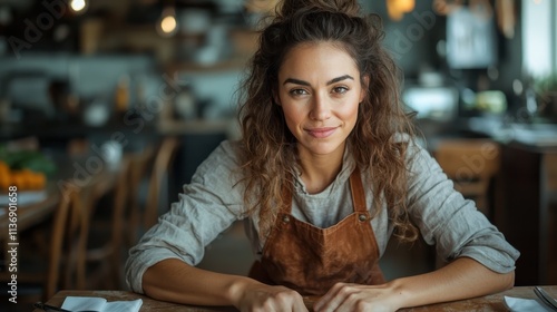 A cheerful woman with curly hair smiles warmly in a cozy kitchen, wearing a brown apron and leaning forward, exuding a sense of warmth and hospitality. photo