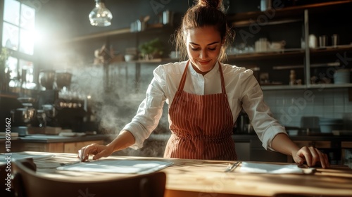 A dedicated female chef preparing food with focused concentration in a stylish sunlight kitchen, highlighting the dedication and artistry involved in culinary creation. photo