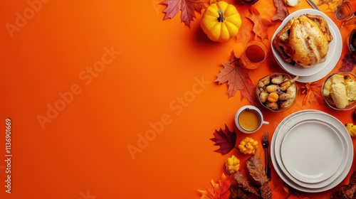 A warm and comforting Thanksgiving scene with a table set with traditional dishes and autumn leaves against a rustic orange background, macro shot, Minimalist style photo