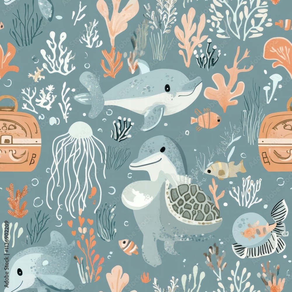Fototapeta premium Delightful seamless pattern showcases lively dolphins, curious sea turtles, and colorful corals, perfect for ocean-themed projects and decor. Generative AI