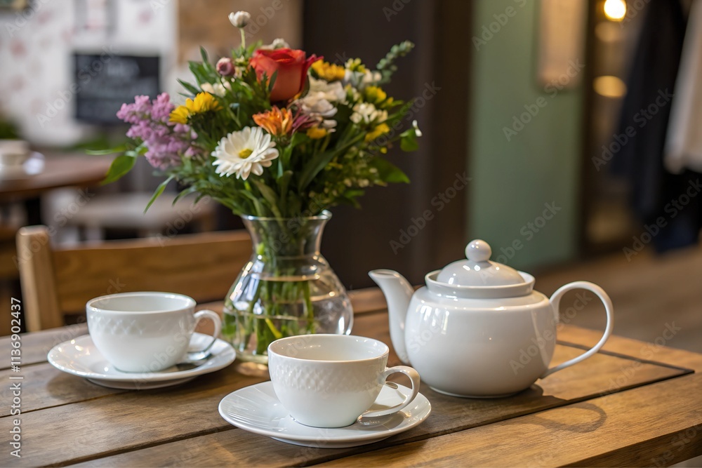 Pair of ceramic teapots sits on a wooden table with bouquet of flowers in the vase
Pair of ceramic teapots sits on a wooden table with bouquet of flowers in the vase
