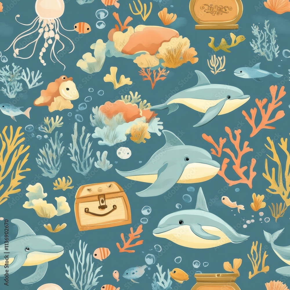 Obraz premium Delve into a whimsical underwater world where playful dolphins swim among colorful corals, sea creatures, and hidden treasures beneath the waves. Generative AI