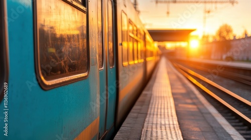 Wallpaper Mural A moving train is pictured at a station platform during sunset, casting a warm glow over the scene, symbolizing travel and transition as the day ends. Torontodigital.ca